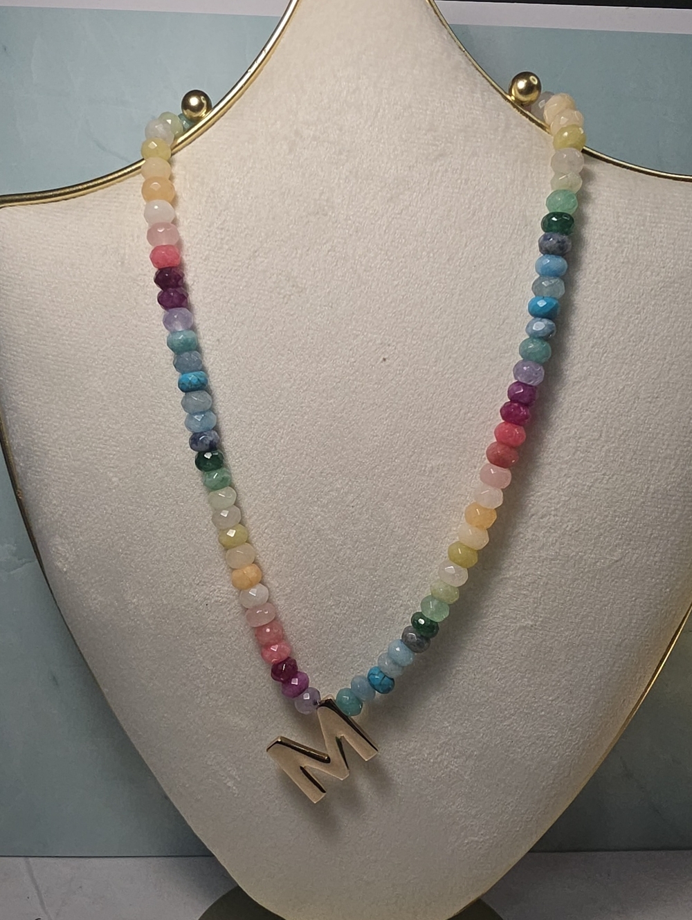 BaubleBar Rainbow Faceted Bead Necklace with Gold 'M' Pendant